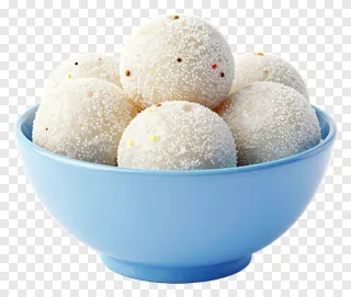 A blue bowl filled with white rasgulla sweets.