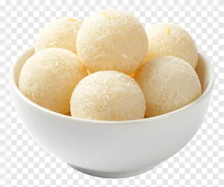 A bowl of white rasgulla with sugar coating.