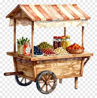 Hand-painted watercolor of a market stall selling fruits, vegetables, and preserves from a wheeled cart.