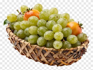 A basket filled with green grapes and persimmons.
