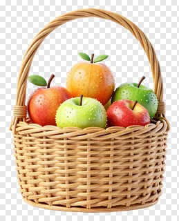 A woven basket containing assorted apples.