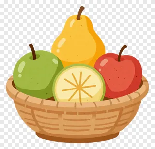 A basket filled with assorted fruits including apples, a pear, and a sliced citrus.