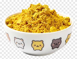 A white bowl with cartoon animals filled with yellow gulal powder.