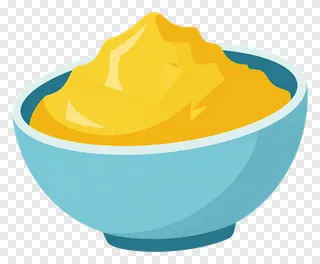 A blue bowl filled with yellow gulal powder.