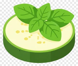 A zucchini slice garnished with basil leaves.