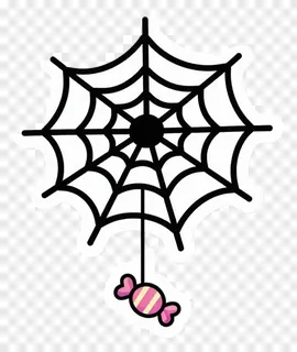 A black line art spiderweb with a pink and yellow candy hanging from it.