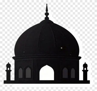 Black silhouette of a mosque with a dome and two minarets.