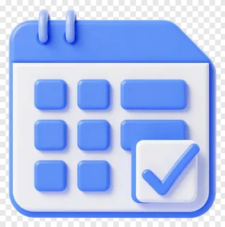 Blue 3D calendar icon with checkmark.