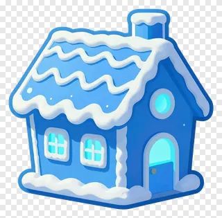 A blue gingerbread house with snow on the roof.