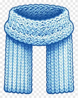 A blue knitted winter scarf with a braided top.