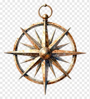 A bronze compass rose with a circular frame and pointed arms.