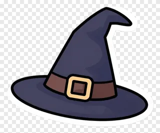 A dark blue witch hat with a gold buckle.