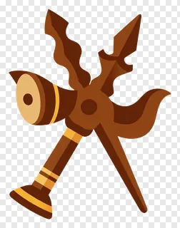 A brown trishul mounted on a damru drum.