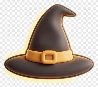 A dark witch hat with a gold buckle.