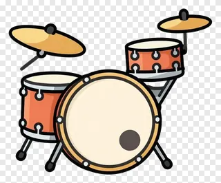 A cartoon-style drum set with orange drums and cymbals.