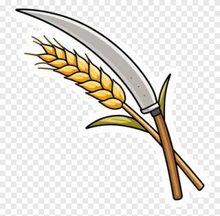 A cartoon sickle crossed with a golden wheat stalk.