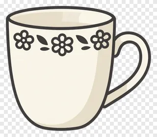 Cream ceramic mug with black floral rim design.