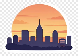 City skyline silhouette at sunset.