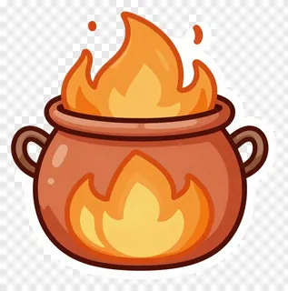 A cartoon copper pot with flames on its surface and rising from the top.