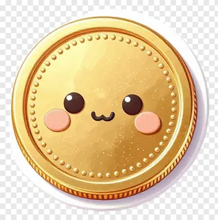 A smiling gold coin with rosy cheeks.