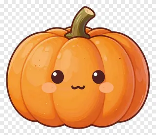 A cute orange pumpkin with a curved green stem and a smiling face.