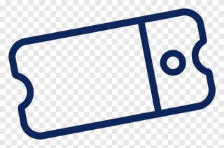 A dark blue ticket icon with rounded corners and a central circular detail.