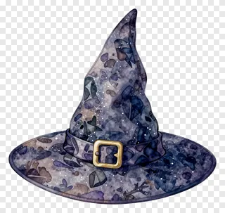 A watercolor-style witch hat with a gold buckle.