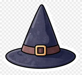 A dark blue witch hat with a gold buckle.