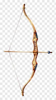 A wooden bow with an arrow nocked, featuring decorative blue and gold inlays.
