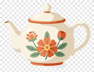 Cream ceramic teapot with orange flowers and green leaves.