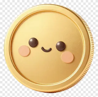 A smiling gold coin with rosy cheeks.