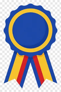 Blue circular badge with gold border and red ribbon.