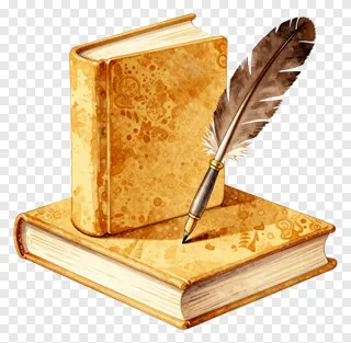 Stacked vintage gold books with a feather pen on top.