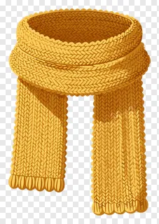 A golden knitted winter scarf with fringed ends.
