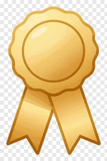 A golden ribbon badge with a circular center and two ribbons.