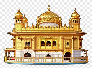 Illustration of a golden temple with domes and arched windows.