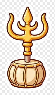 A golden trishul mounted on a damru drum.