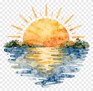 A watercolor sun rising over a river.