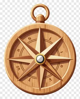 A hand-carved wooden compass with directional markings.