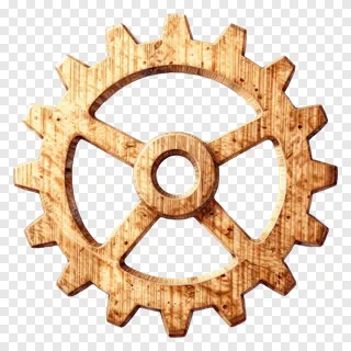 A hand-carved wooden gear with visible wood grain.