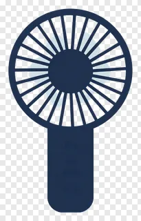 A dark blue handheld fan with a circular blade design.