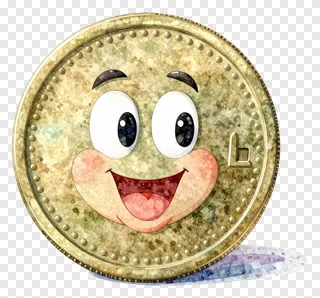 A smiling cartoon coin with large eyes and a happy expression.