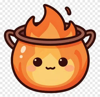 A smiling cartoon fire pot with flames.