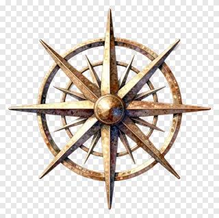 A bronze compass rose with pointed arms and circular rings.