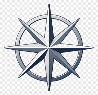 A detailed metallic compass rose with eight points.