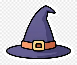 A purple witch hat with an orange belt and gold buckle.