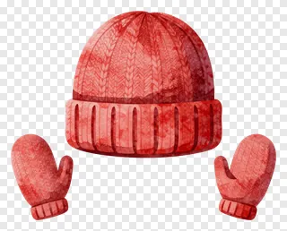 Red knitted beanie and mittens in watercolor style.