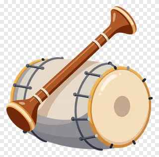 A shehnai and dhol crossed diagonally in a flat illustration.