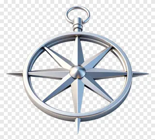 A silver compass rose with eight points.