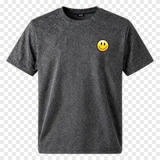 Dark gray t-shirt with a yellow smiley face graphic.